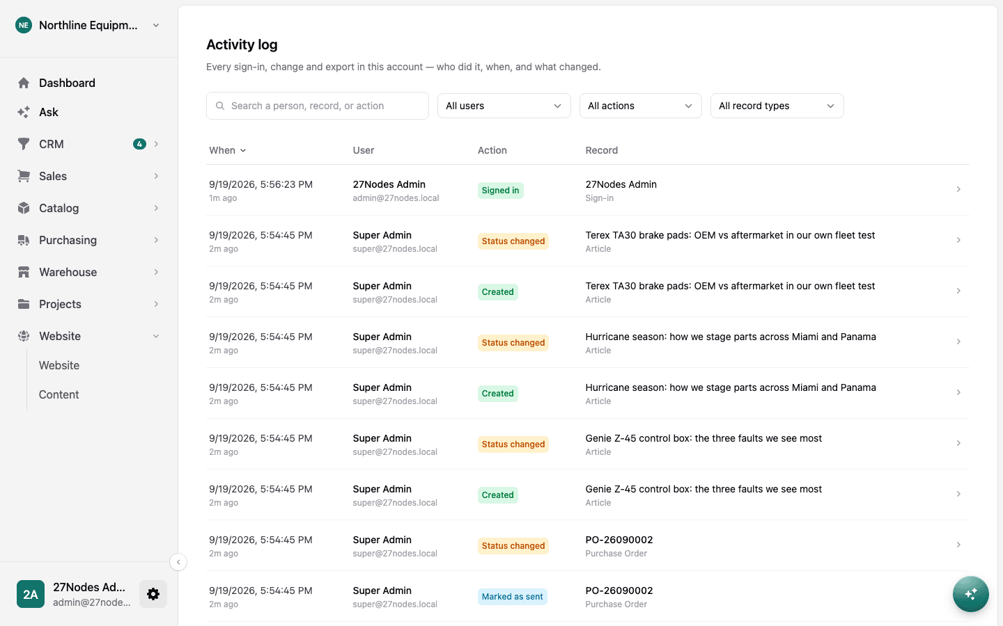 The activity log with filters