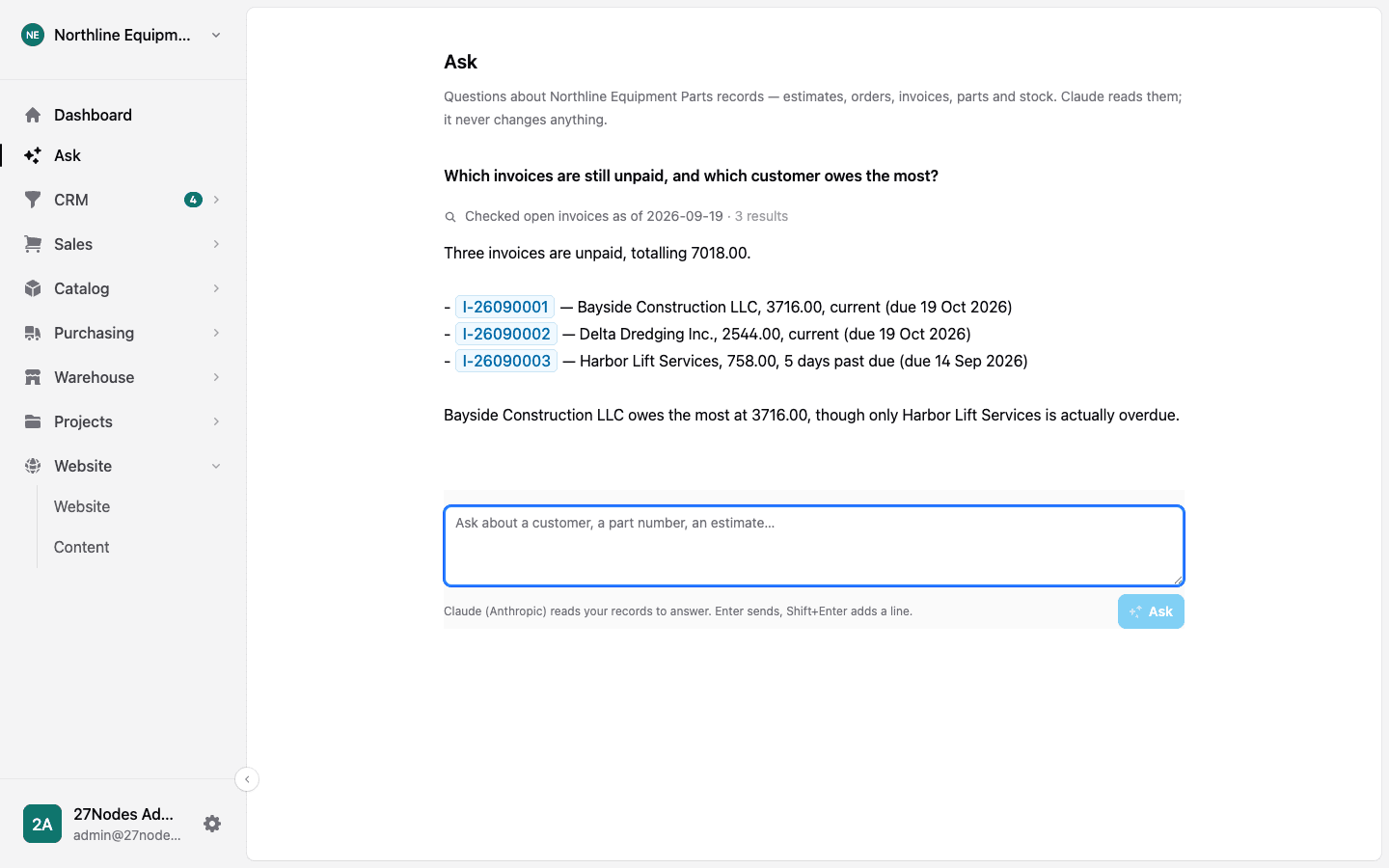 Ask answering which invoices are unpaid, citing the invoice numbers