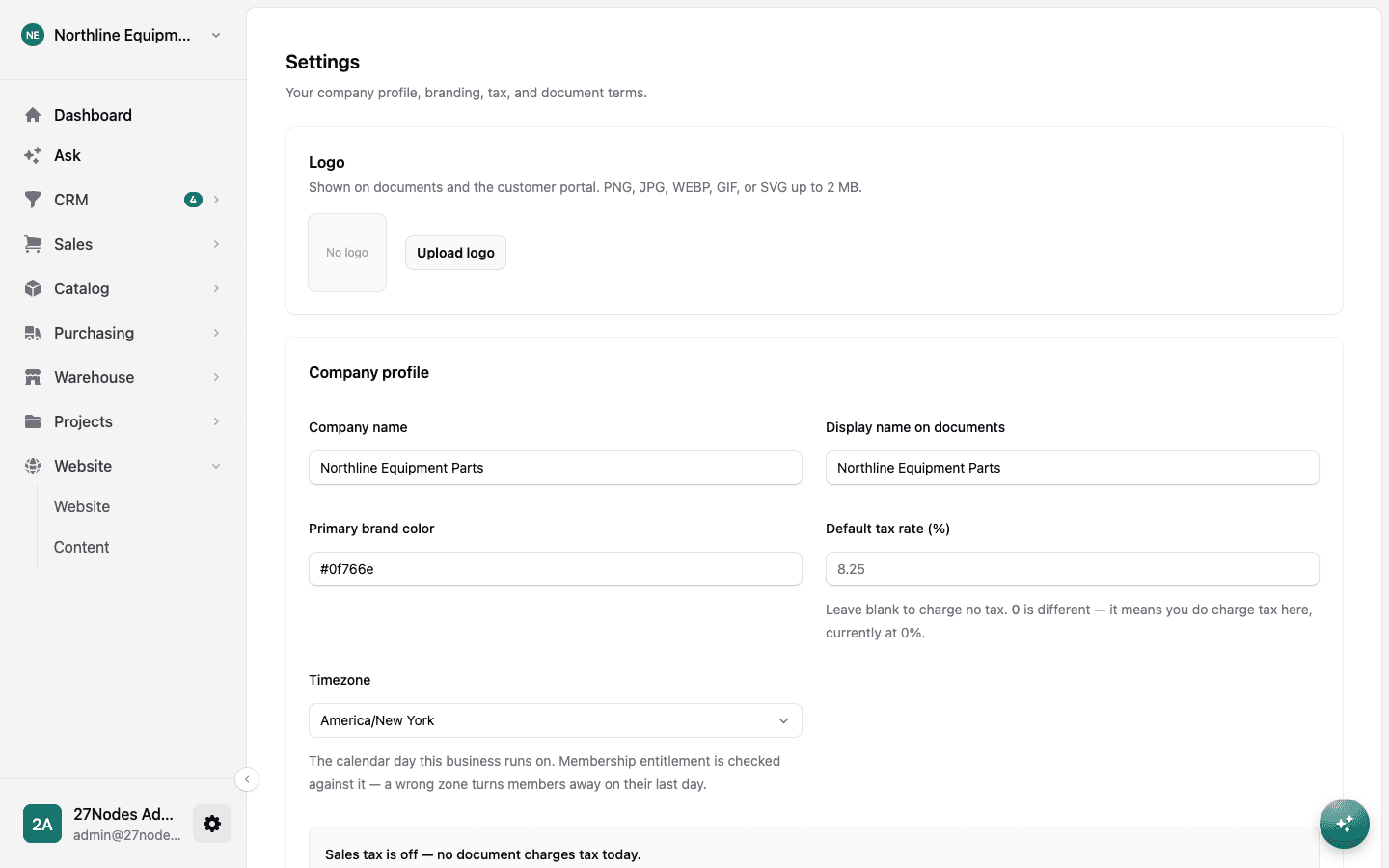 Company settings with branding