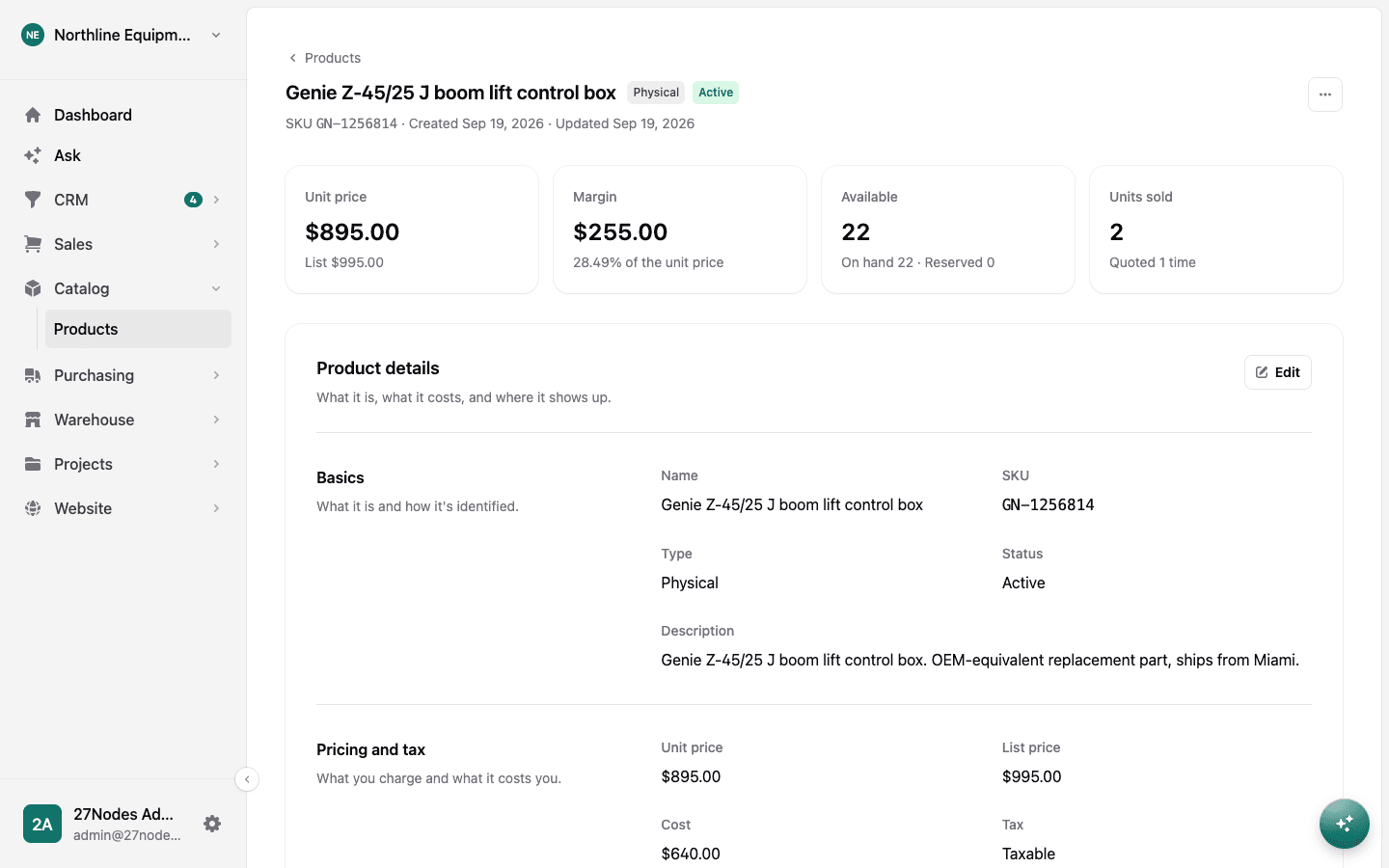 A product record with pricing, aliases and vendors