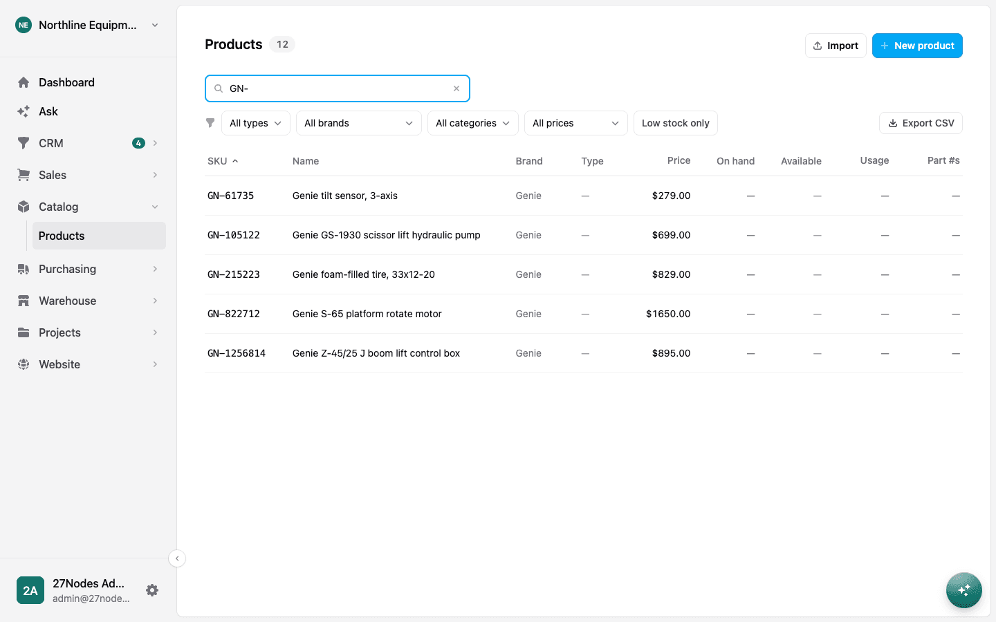 The products list in 27ERP filtered by a part search