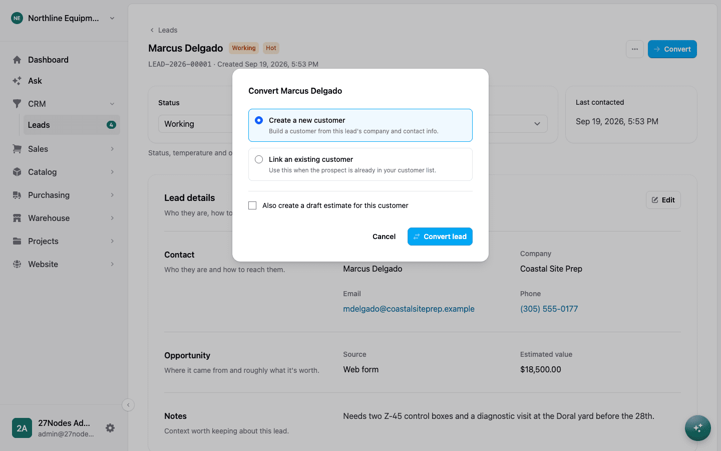 The convert dialog: new customer or link an existing one, with an optional draft estimate