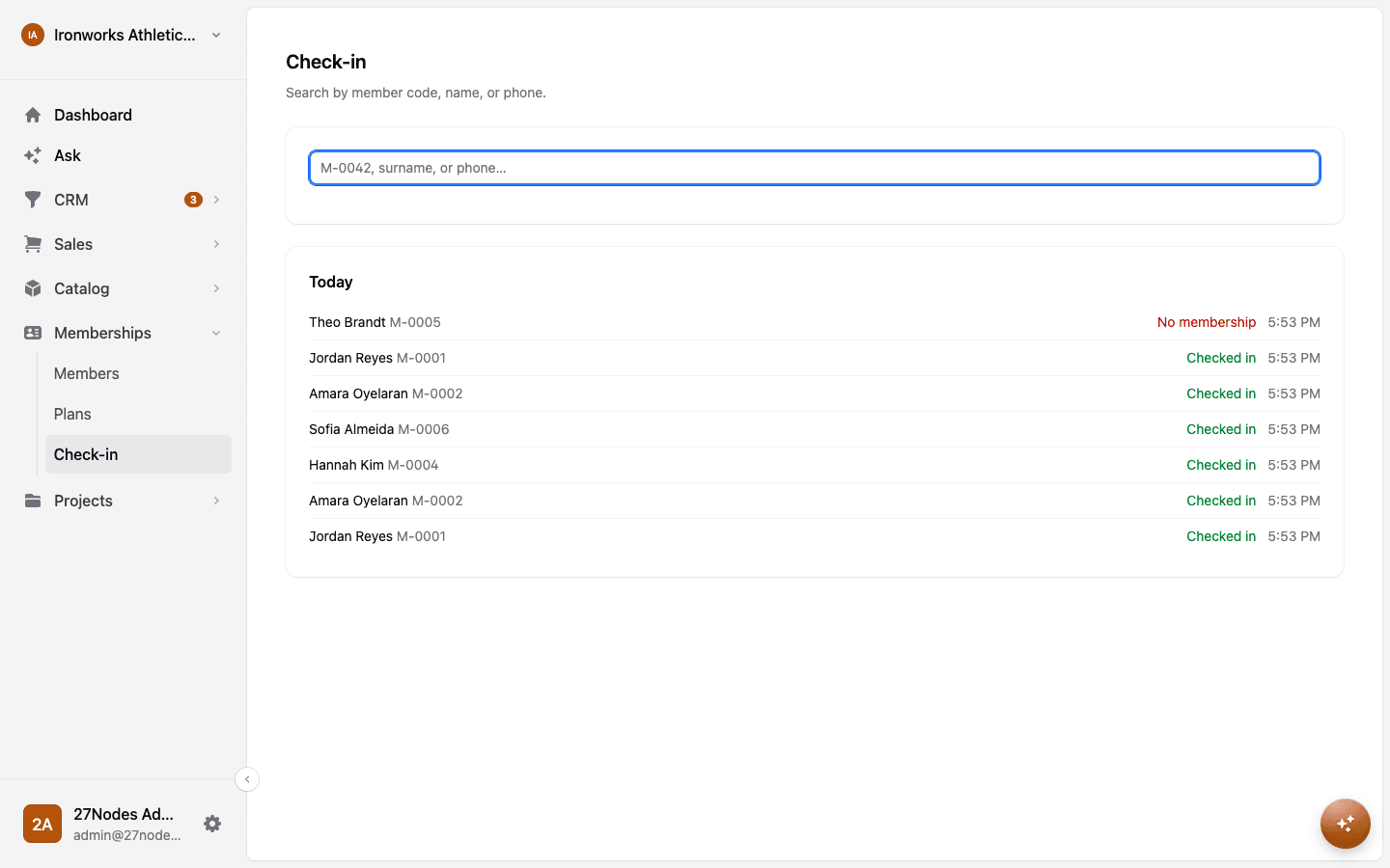 The staff check-in screen