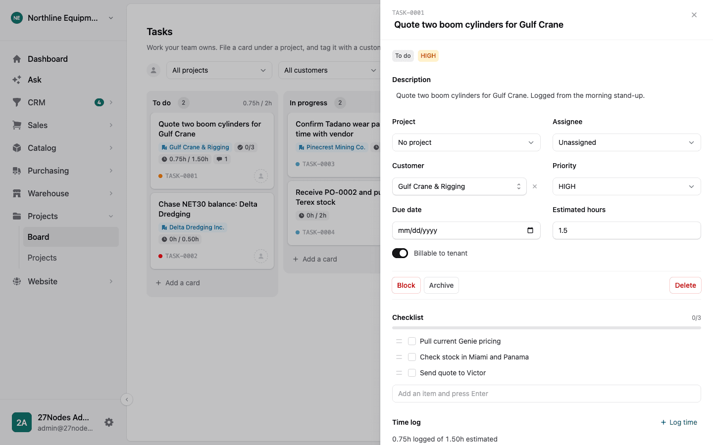 A task with checklist, time entries and notes