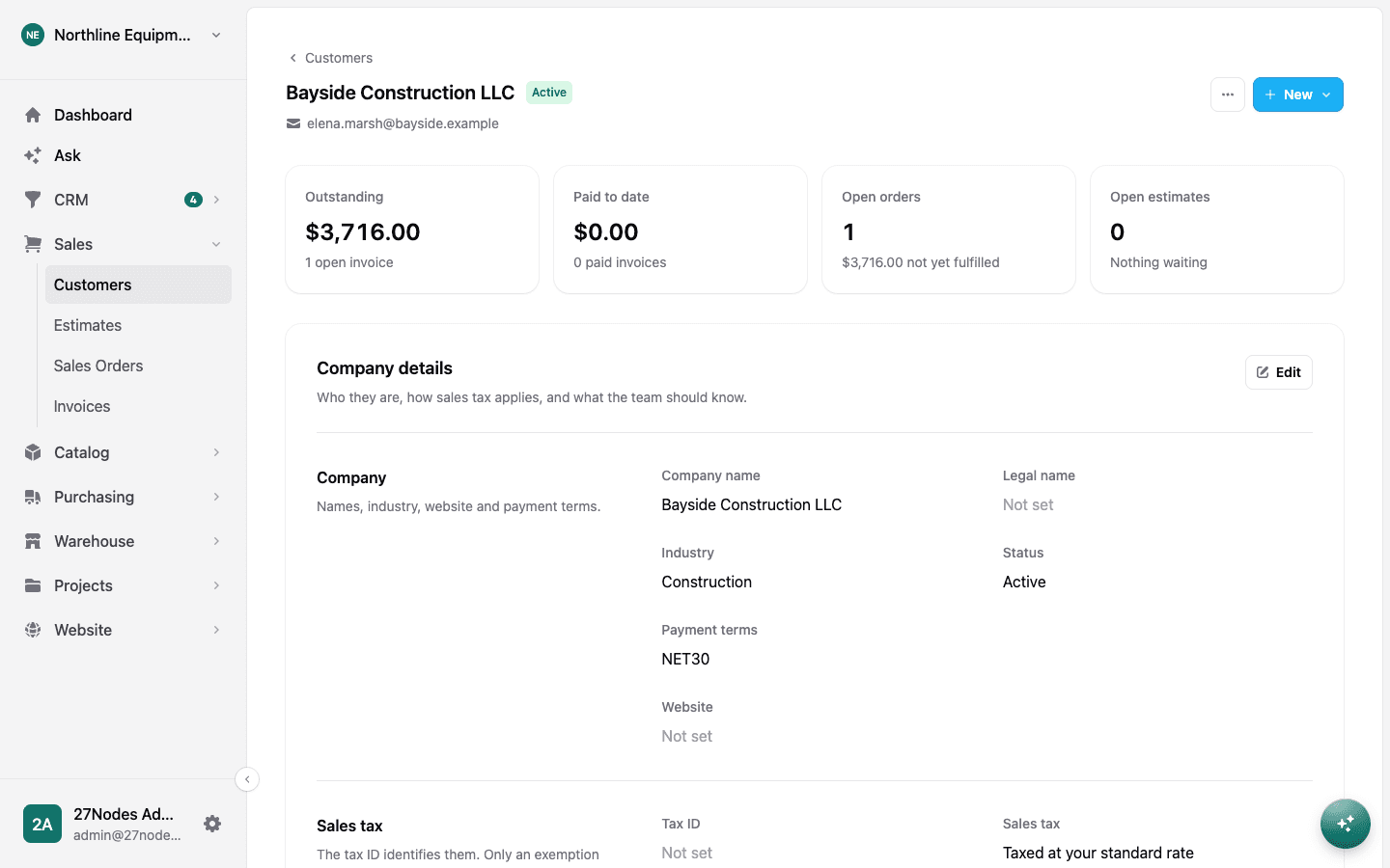 A customer record with contacts and addresses