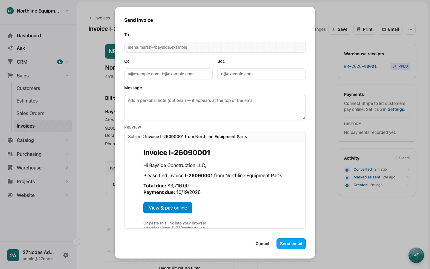 Emailing a document with preview, Cc and message