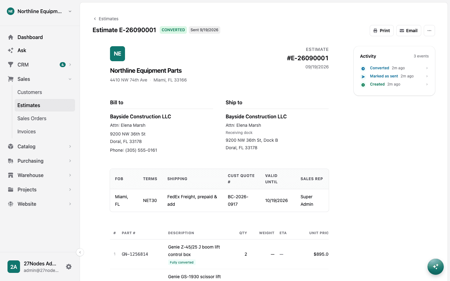 An estimate in 27ERP with line items, tax and discount