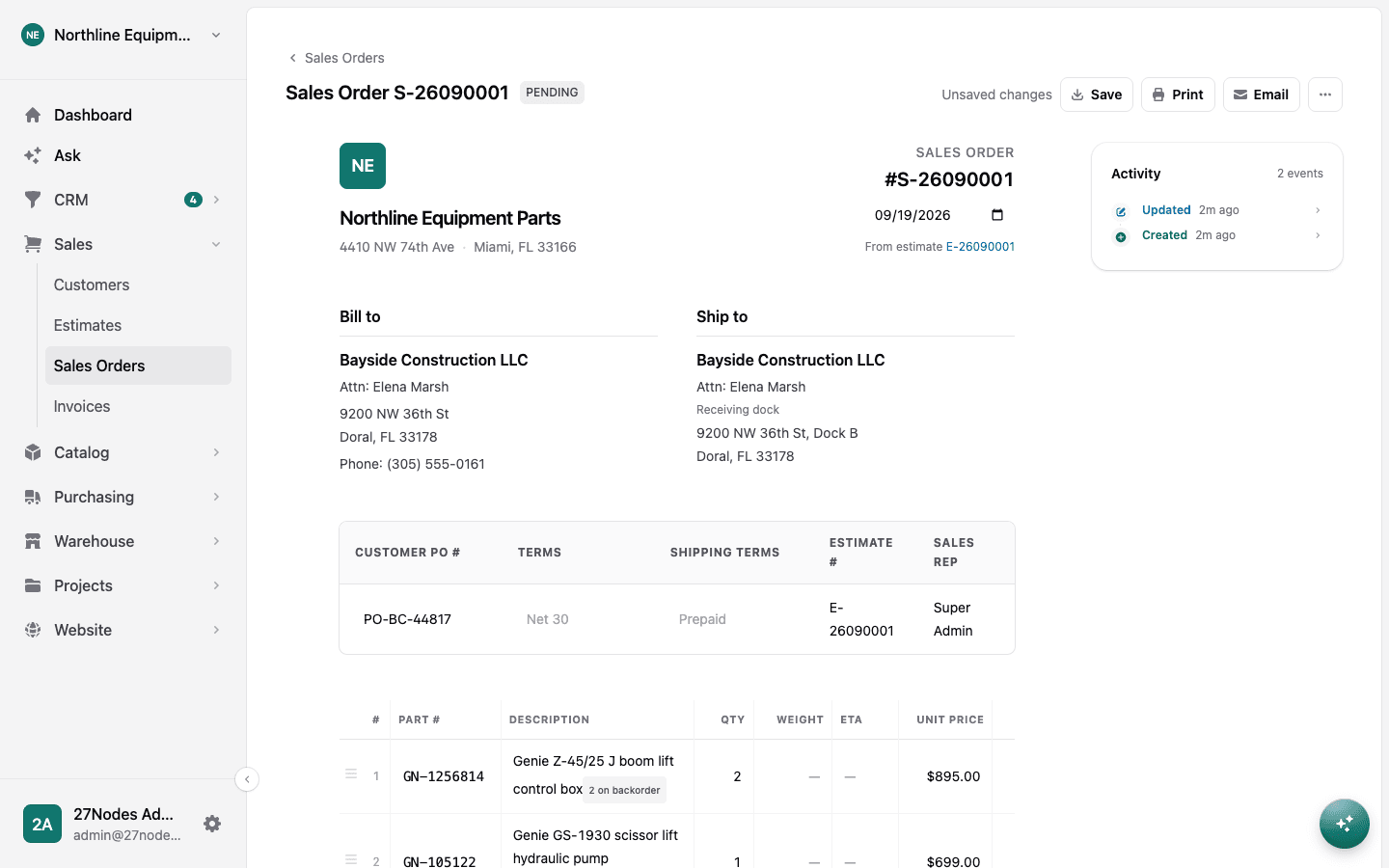 A sales order converted from an estimate