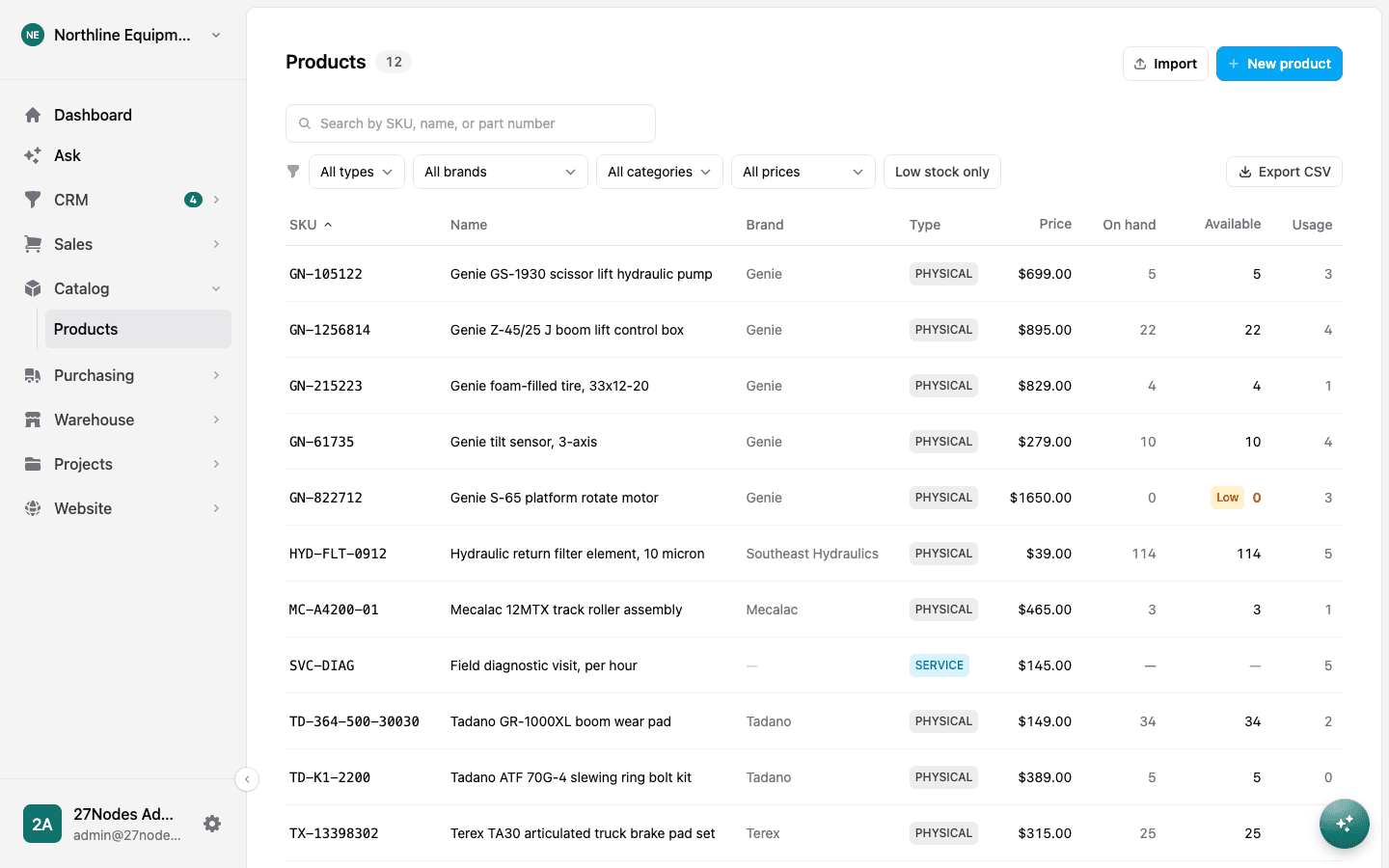 The products list with on-hand and available stock and a low-stock flag