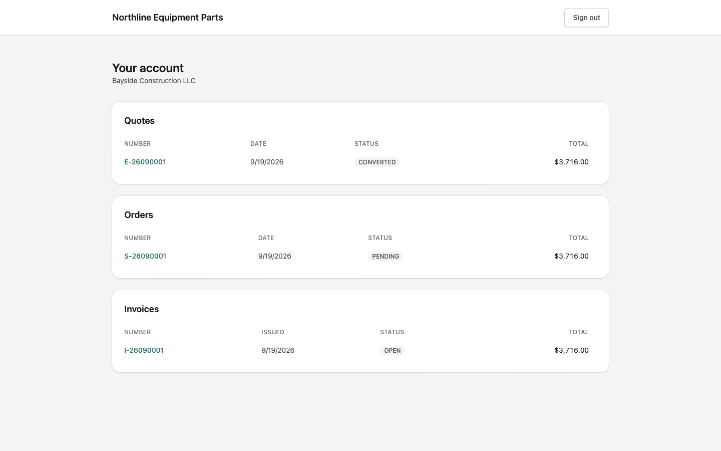 The customer portal listing a customer's own invoices